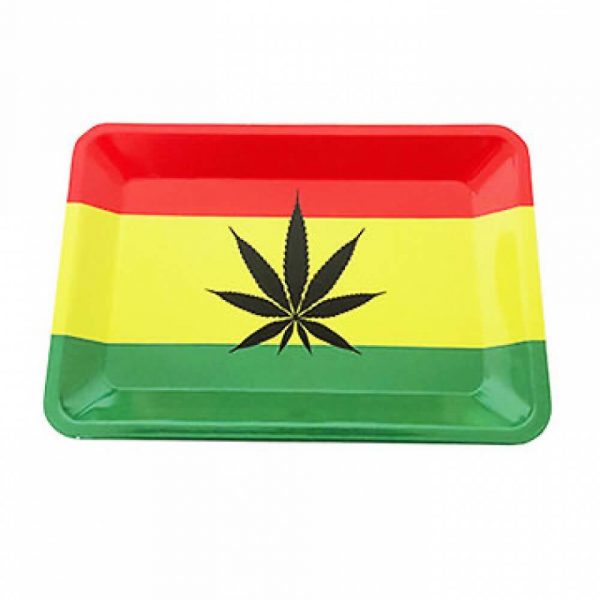 Rasta Rolling Metal Tray with Marijuana Leaf