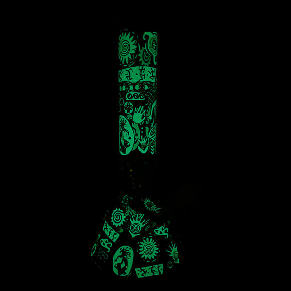 Glow in the Dark Tribe Prints Glass Beaker Bong 35cm 7mm Thickness