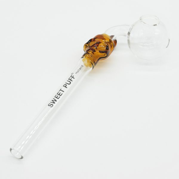 Skull Sweet Puff Glass Pipe 14cm - Amber Skull and Balancer